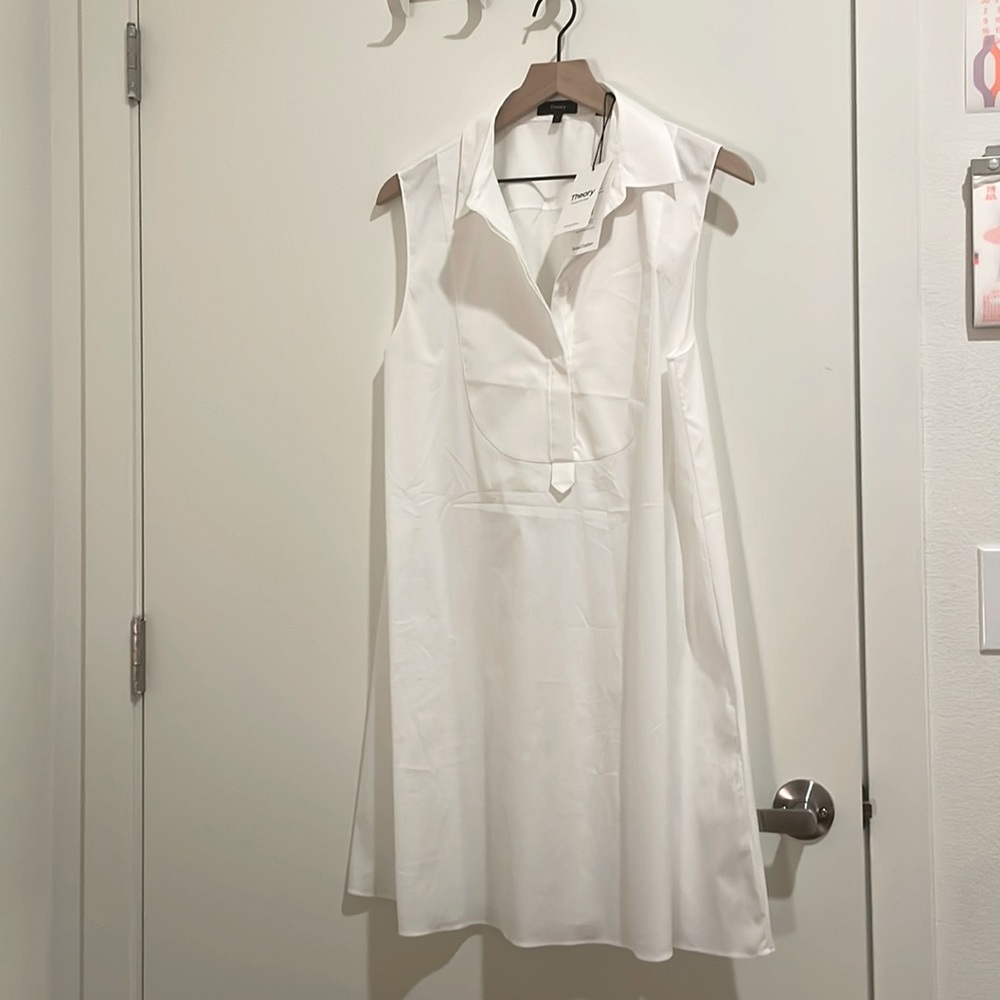 Theory Bib Tunic minidress sz Lg white stretch cotton shirtdress sleeveless NWT